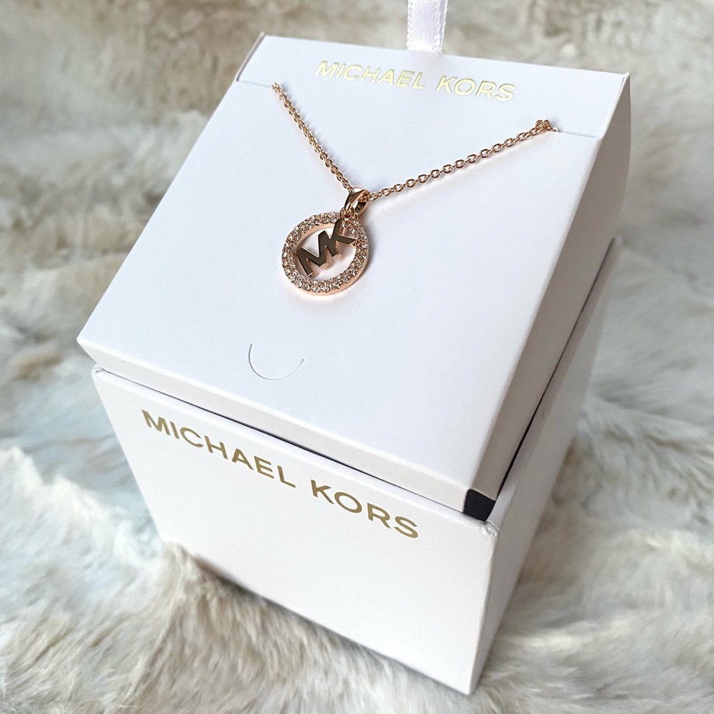 NWT authentic MK rosegold tone logo pave disc pendant